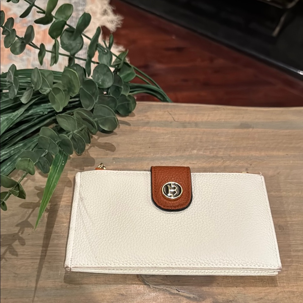 Bostanten Bifold Zip Slim Wallet White/ Brown Leather